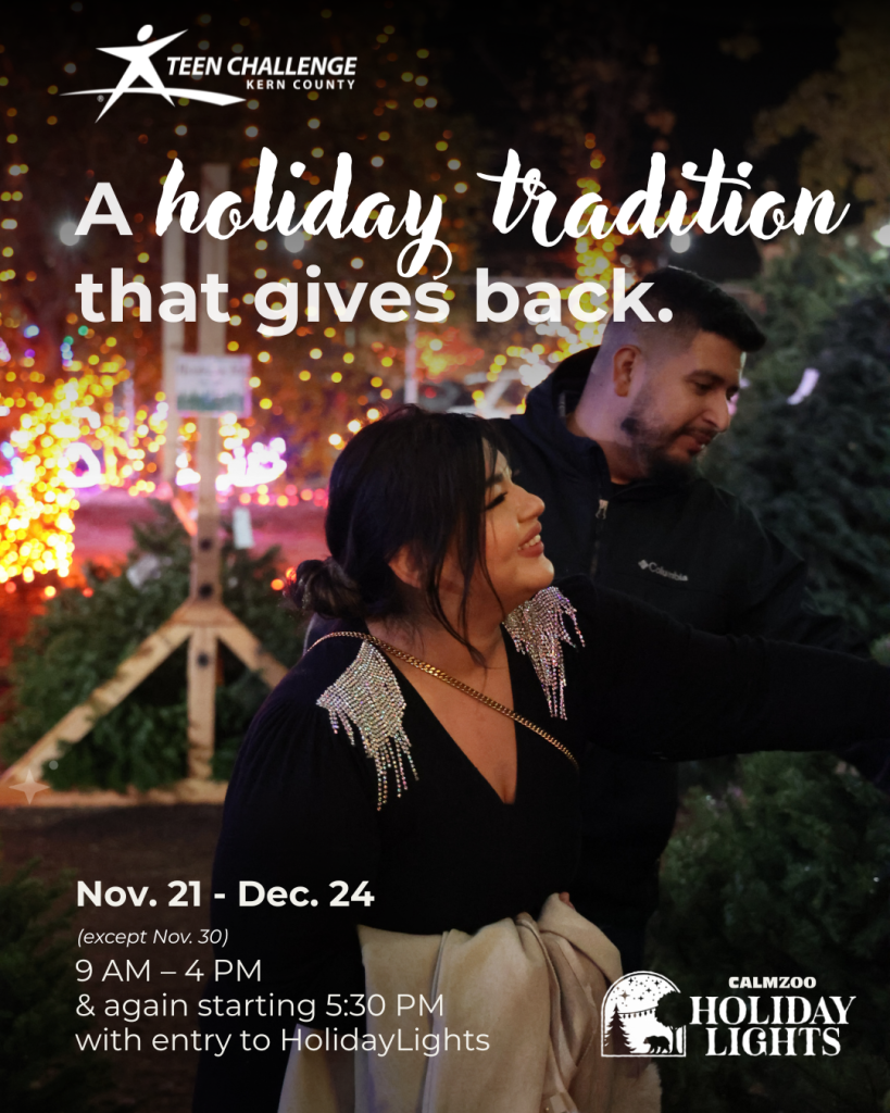 A Holiday Tradition that gives back. couple looking for a tree with Christmas lights in the background